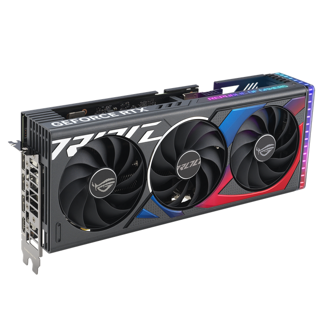 Rog Strix Ge Force Rtx 4060 Ti Angled Top Down View, Highlighting the Fans, Argb Element, and Io Ports 